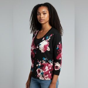 White House Black Market Rayon Nylon Black Pink Floral Cardigan Sweater Size S